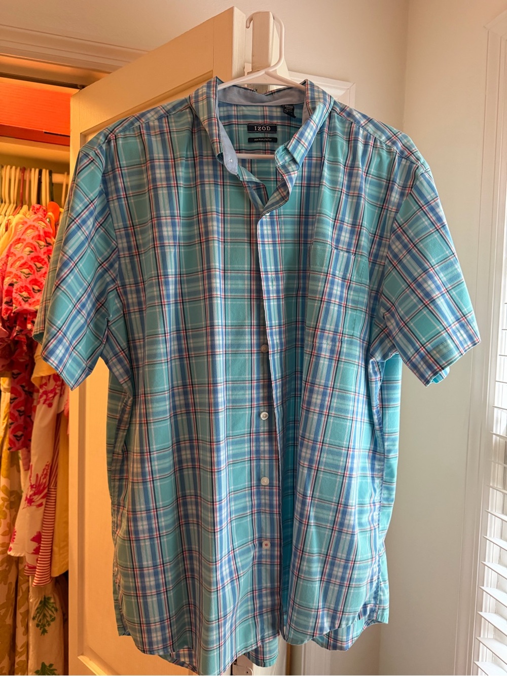 Izod Teal Plaid Short-Sleeve Button-Down Shirt